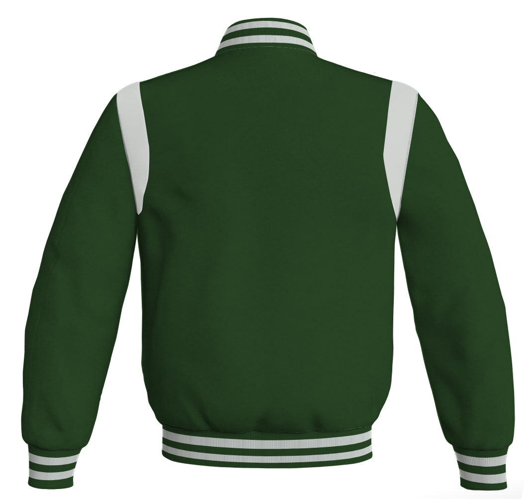 Retro style forest green bomber jacket with white leather accents.