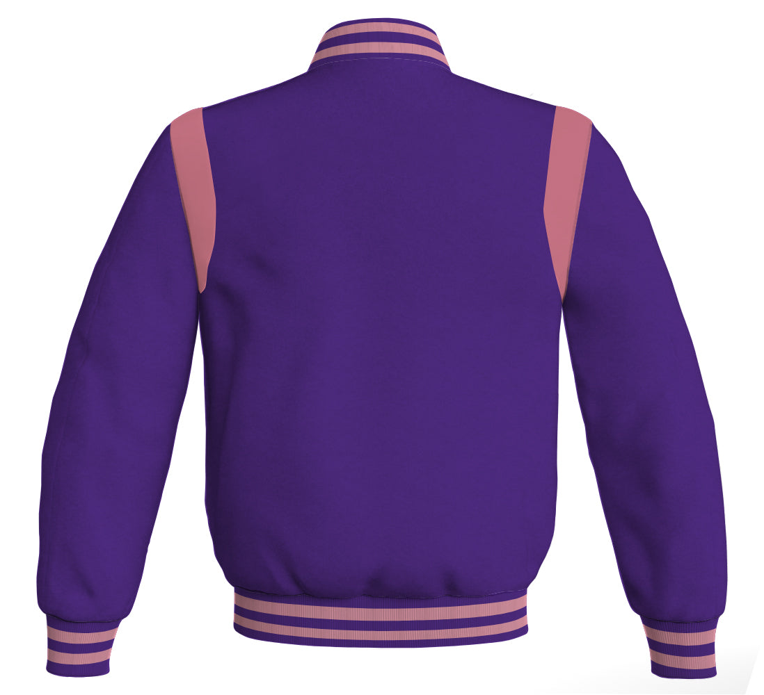 Retro Letterman baseball bomber jacket in purple with pink leather inserts.