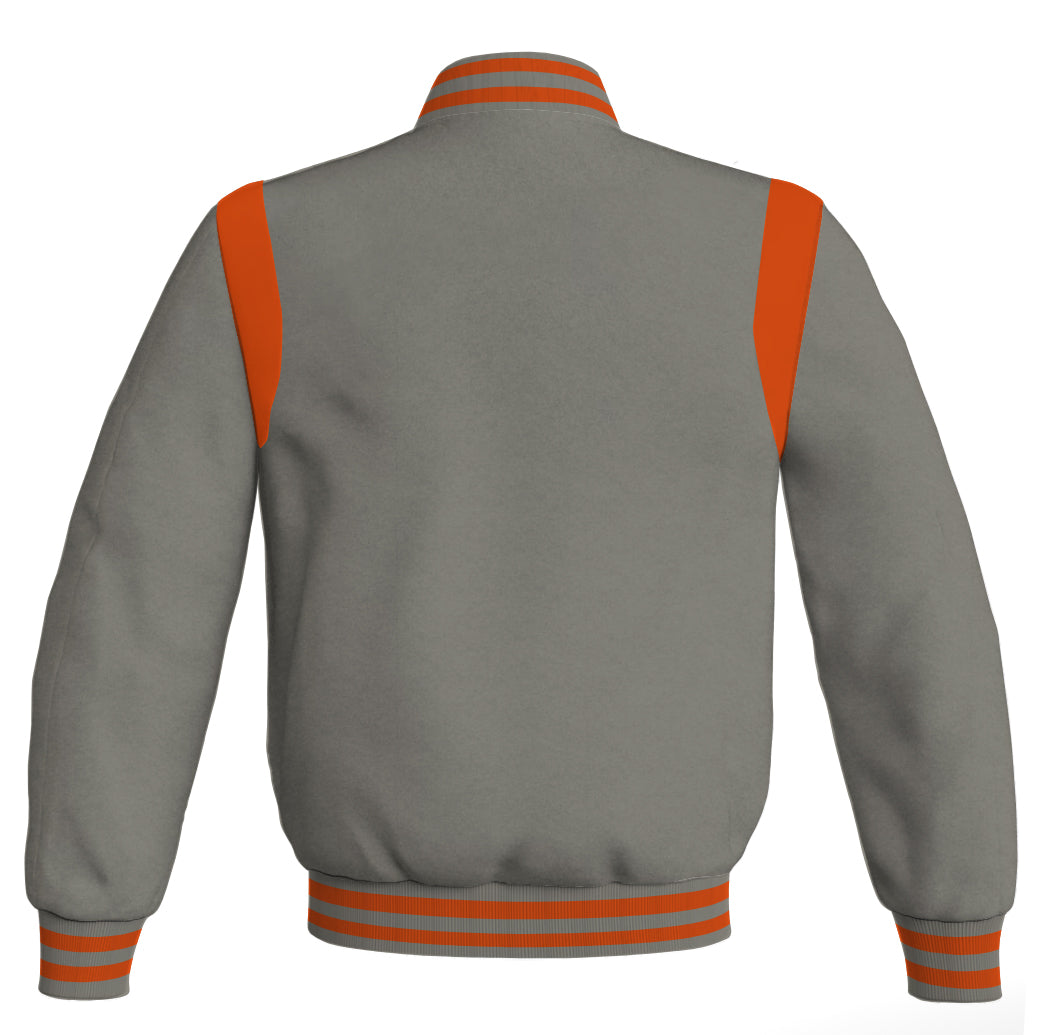 Vintage Letterman baseball jacket in gray with orange leather details.