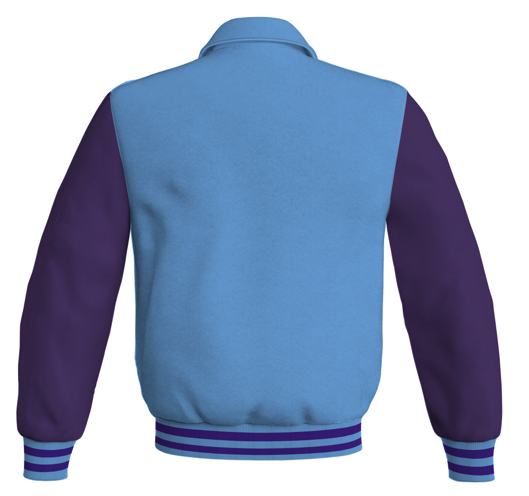 Bomber jacket with sky blue body and purple leather sleeves.