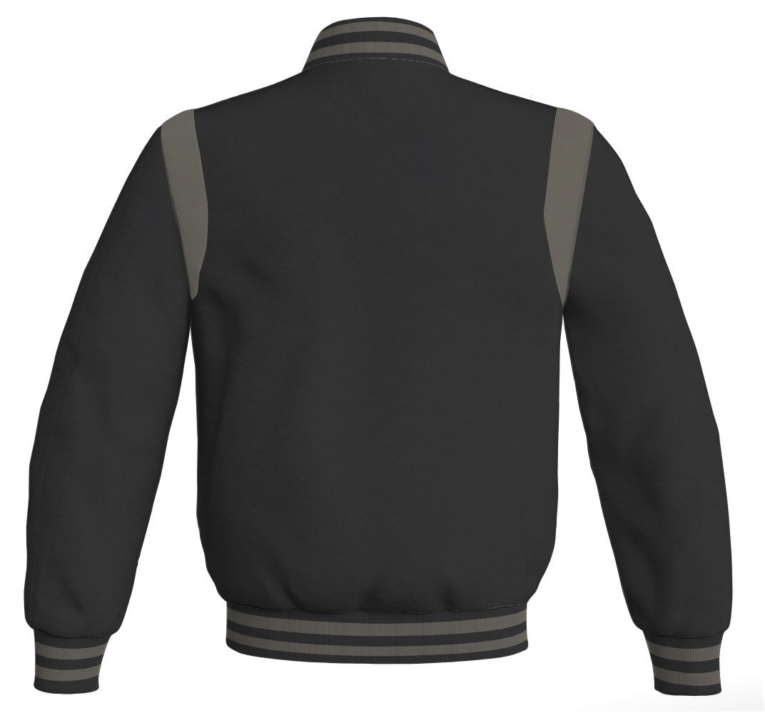 Retro black Letterman baseball bomber jacket with gray leather inserts.