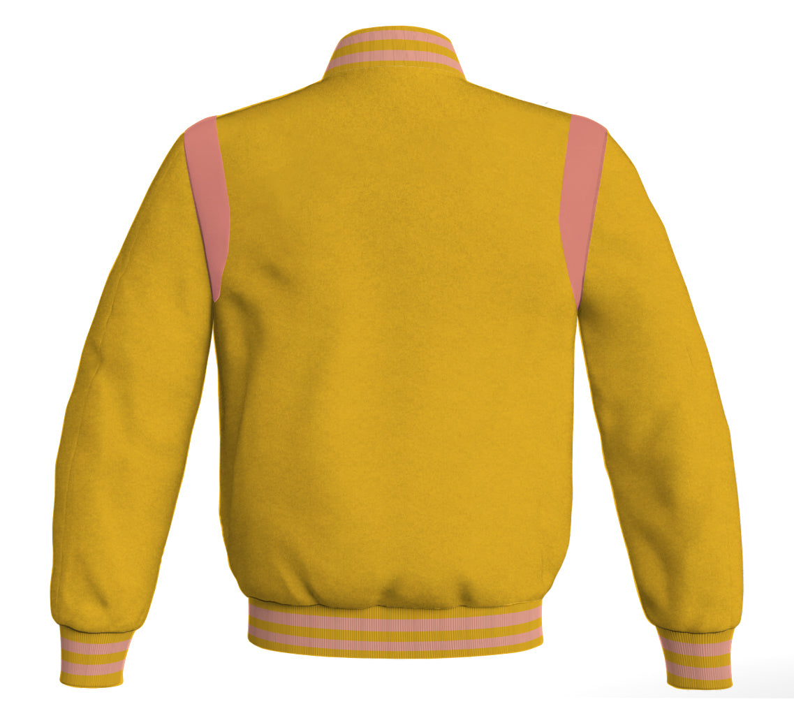 Letterman Baseball Bomber Retro Jacket Yellow/Gold Body Pink Leather 