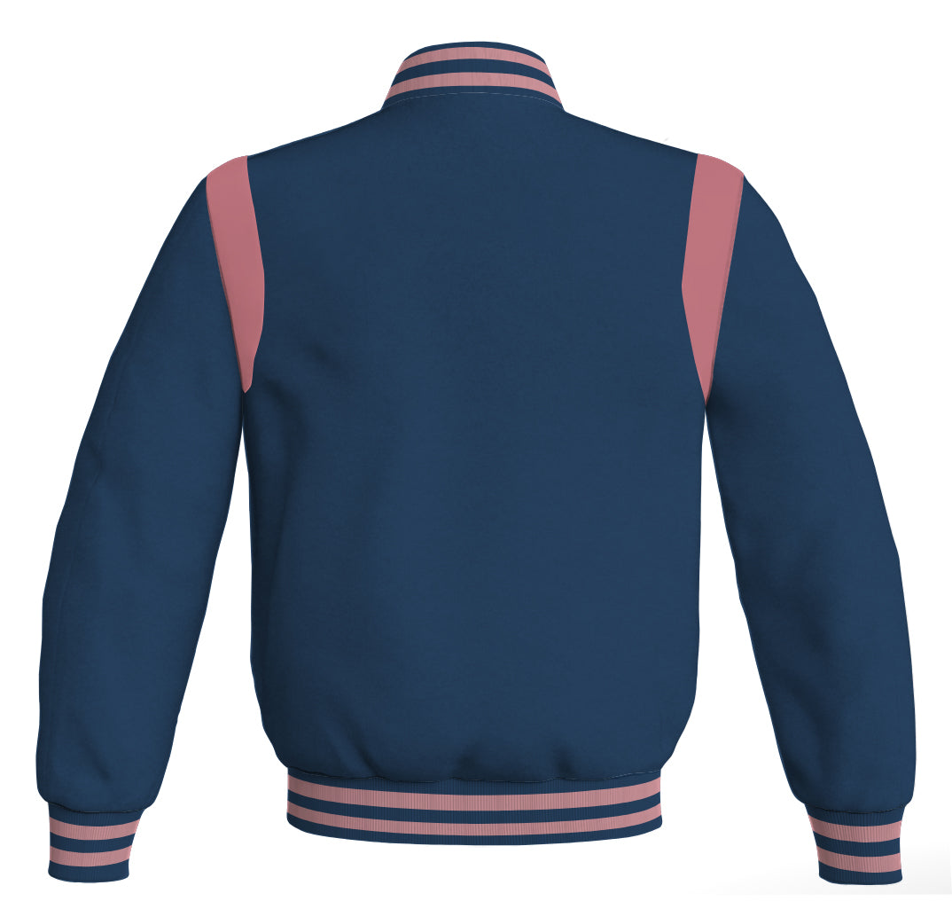 Letterman Baseball Bomber Jacket: Navy Blue Body with Pink Leather Inserts. Retro style.