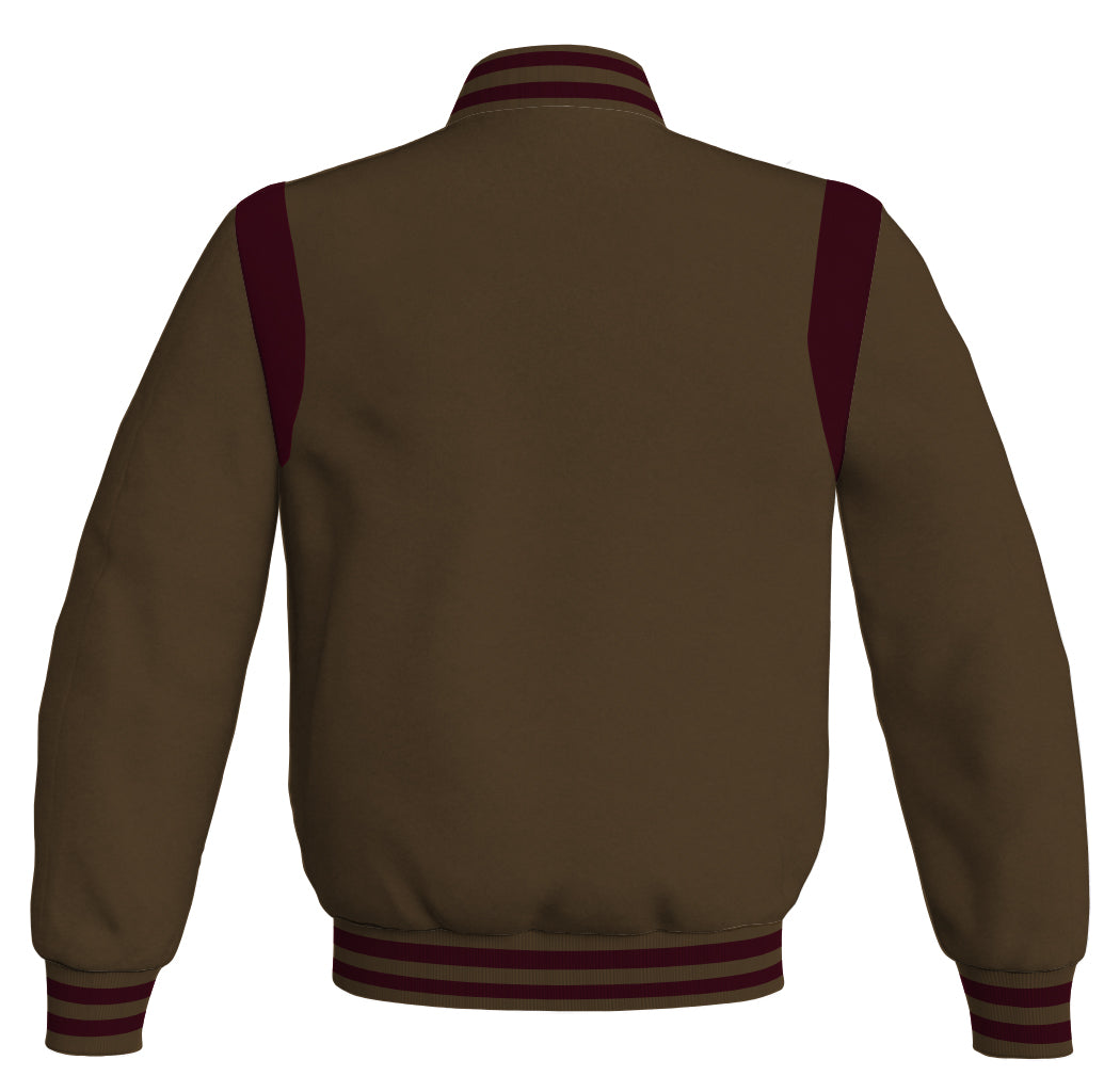 Retro brown Letterman baseball bomber jacket with maroon leather inserts.