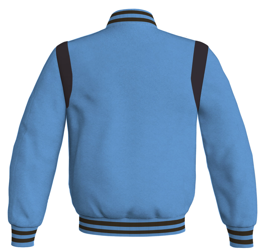 Letterman Baseball Bomber Jacket: Sky Blue Body, Brown Leather Inserts. Retro style with a sporty touch.