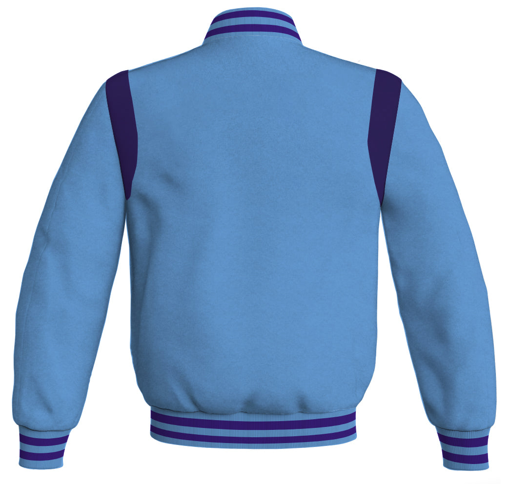 Letterman Baseball Bomber Jacket: Sky Blue Body with Purple Leather Inserts. Retro style.