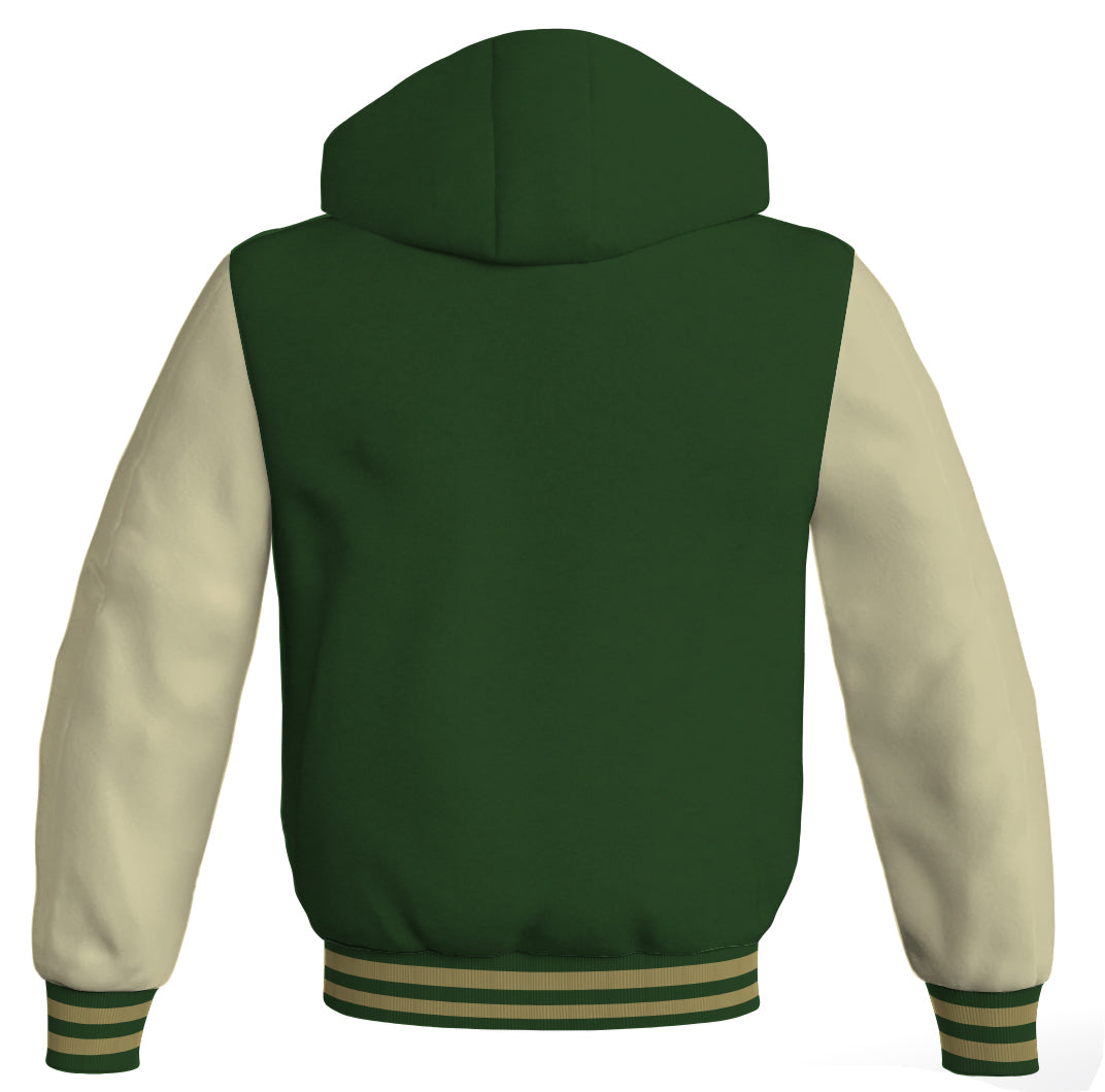 Letterman Bomber Hoodie Jacket Forest Green Body Cream Leather 