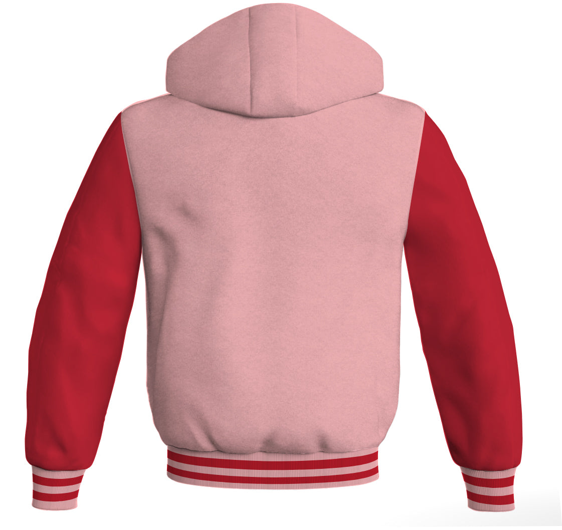 Letterman Bomber Hoodie Jacket Pink Body Red Leather