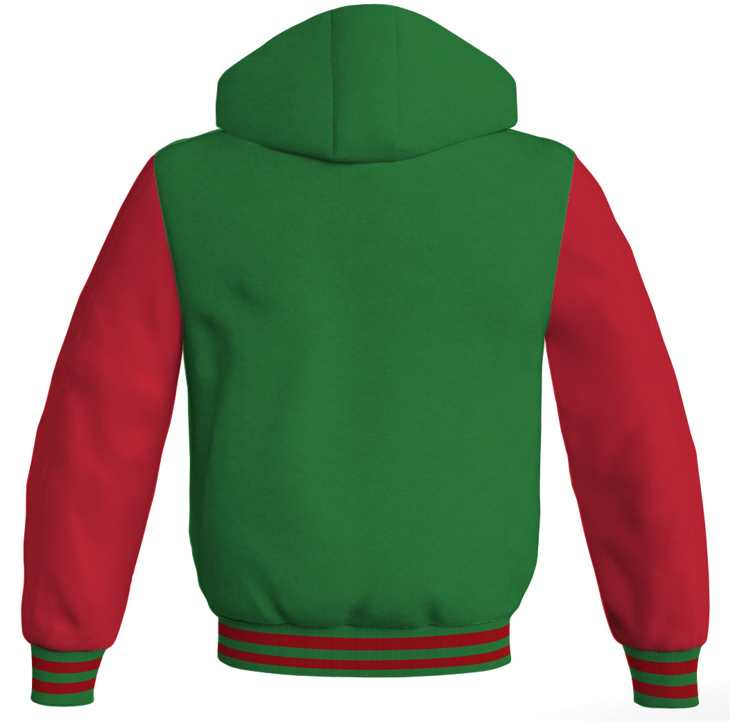 Letterman Bomber Hoodie Jacket Green Body Red Leather 