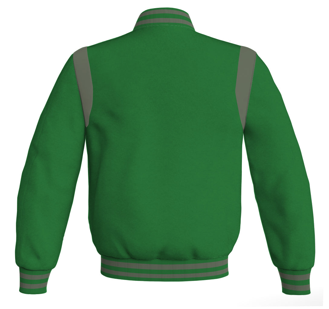 Letterman Baseball Bomber Jacket: Green body with gray leather inserts. Retro style.