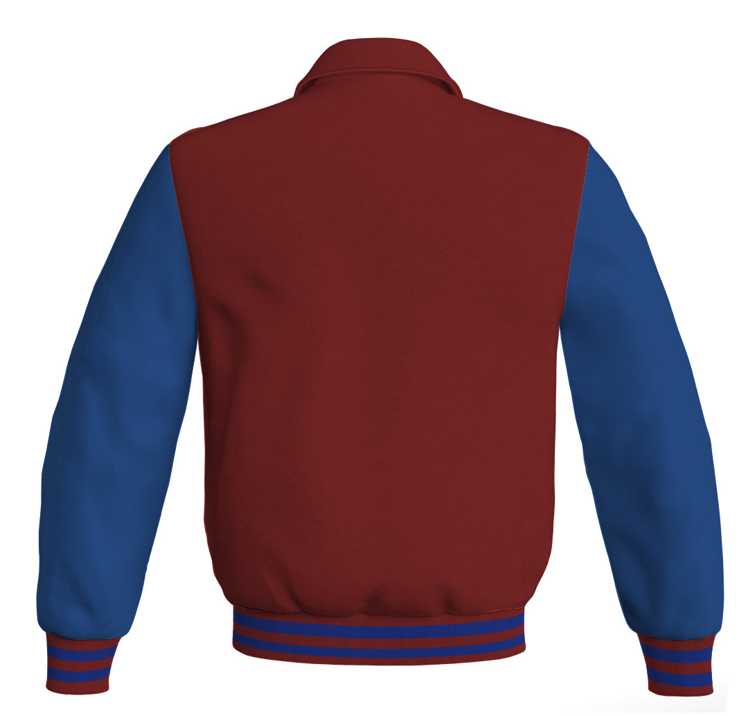 Luxury Bomber Classic Jacket Maroon Body and Blue Leather Sleeves