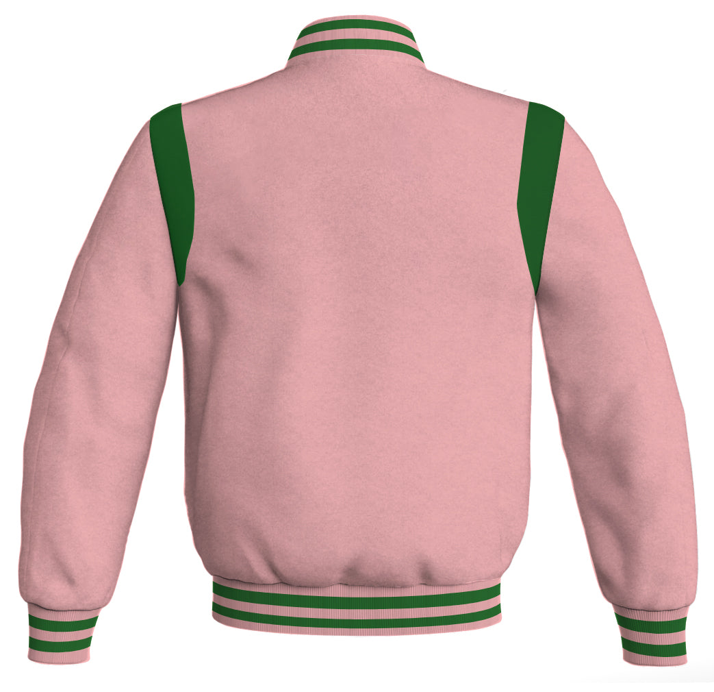 Letterman Baseball Bomber Retro Jacket Pink Body Green Leather Inserts