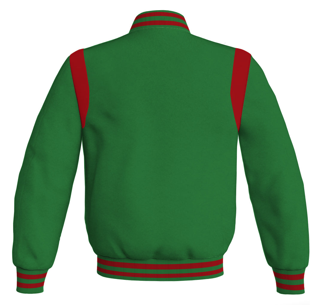 Vintage Letterman jacket featuring green body and red leather details.