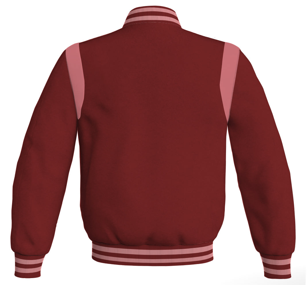 Maroon Letterman baseball bomber jacket with pink leather inserts.