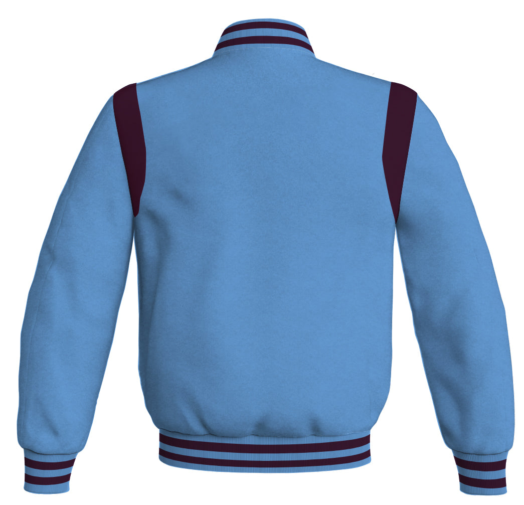 Sky blue Letterman baseball bomber jacket with maroon leather inserts