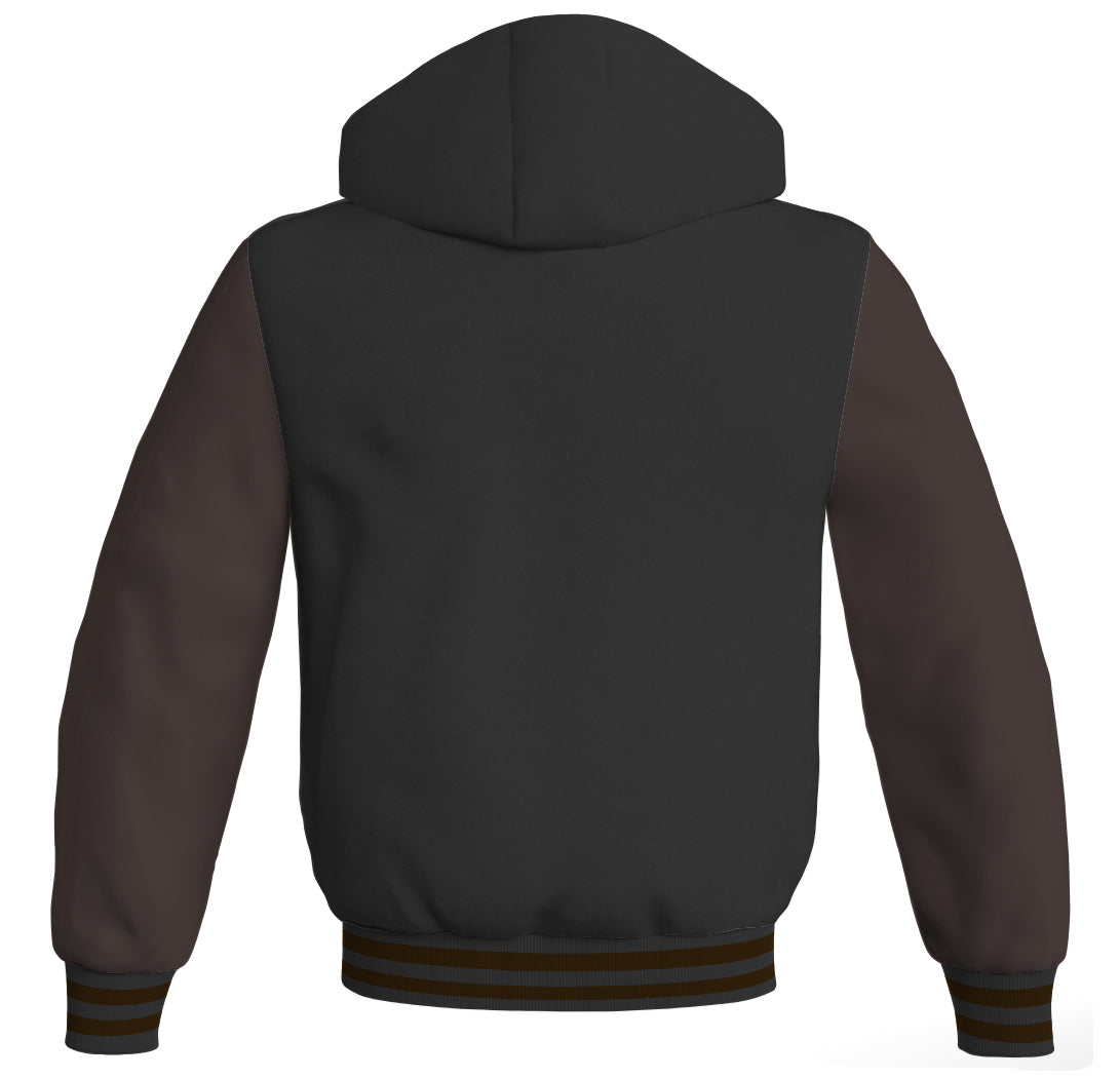 Hoodies For Men Black Body and Brown Leather Sleeves Varsity Hoodie