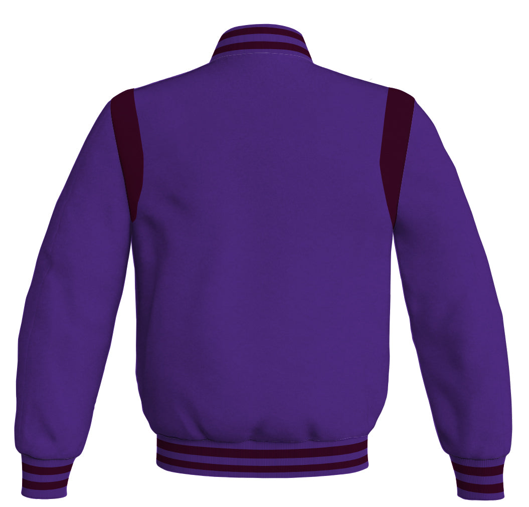 Retro Letterman baseball bomber jacket in purple with maroon leather inserts.