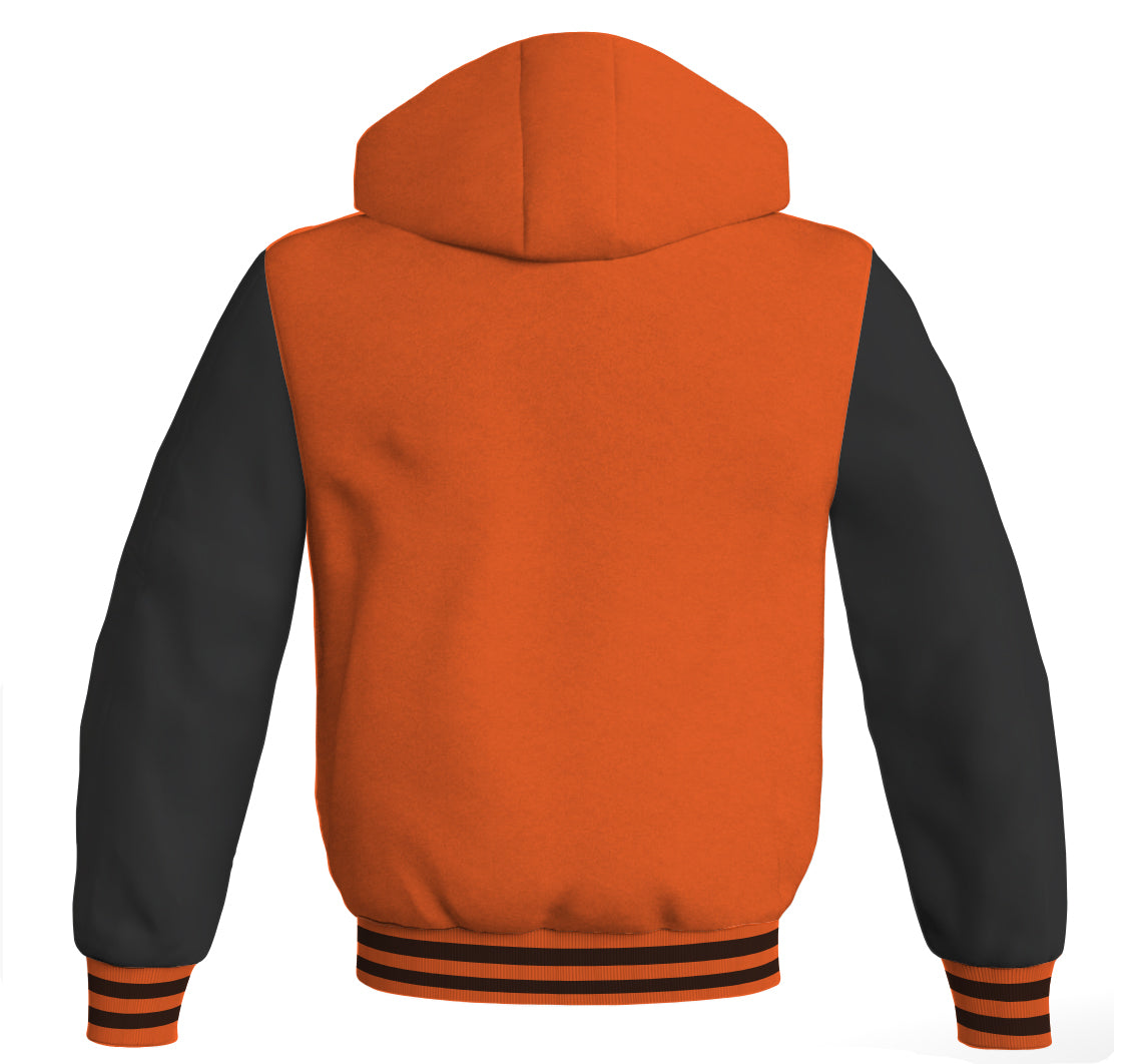 Letterman Bomber Hoodie Jacket Orange Body Black Leather 