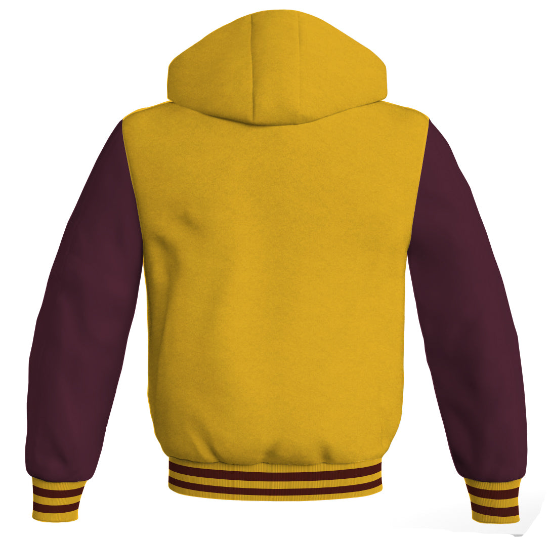 Letterman Bomber Hoodie Jacket Yellow/Gold Body Maroon Leather 