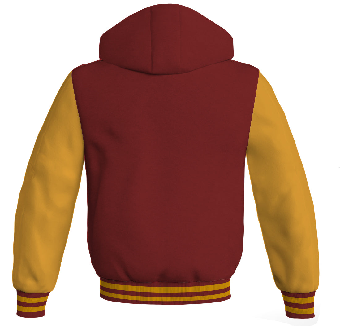 Letterman Bomber Hoodie Jacket Maroon Body Gold Leather 