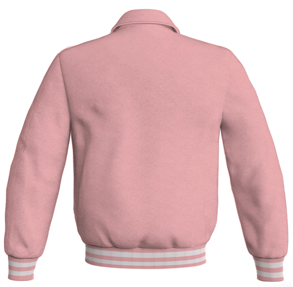 Baseball letterman bomber jacket in classic satin material, featuring a pink color scheme. Perfect for sports wear.