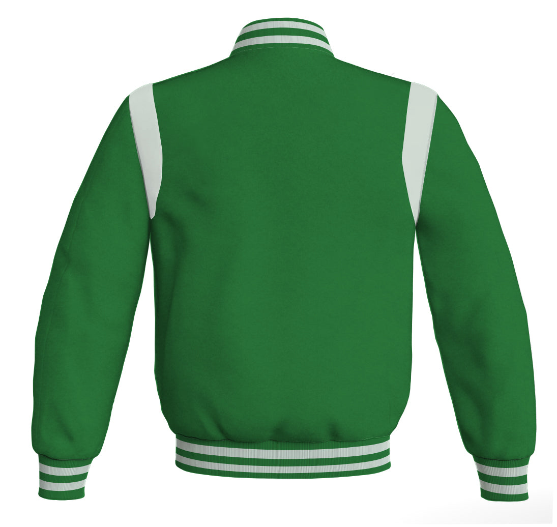 Retro style bomber jacket in green with white leather accents.