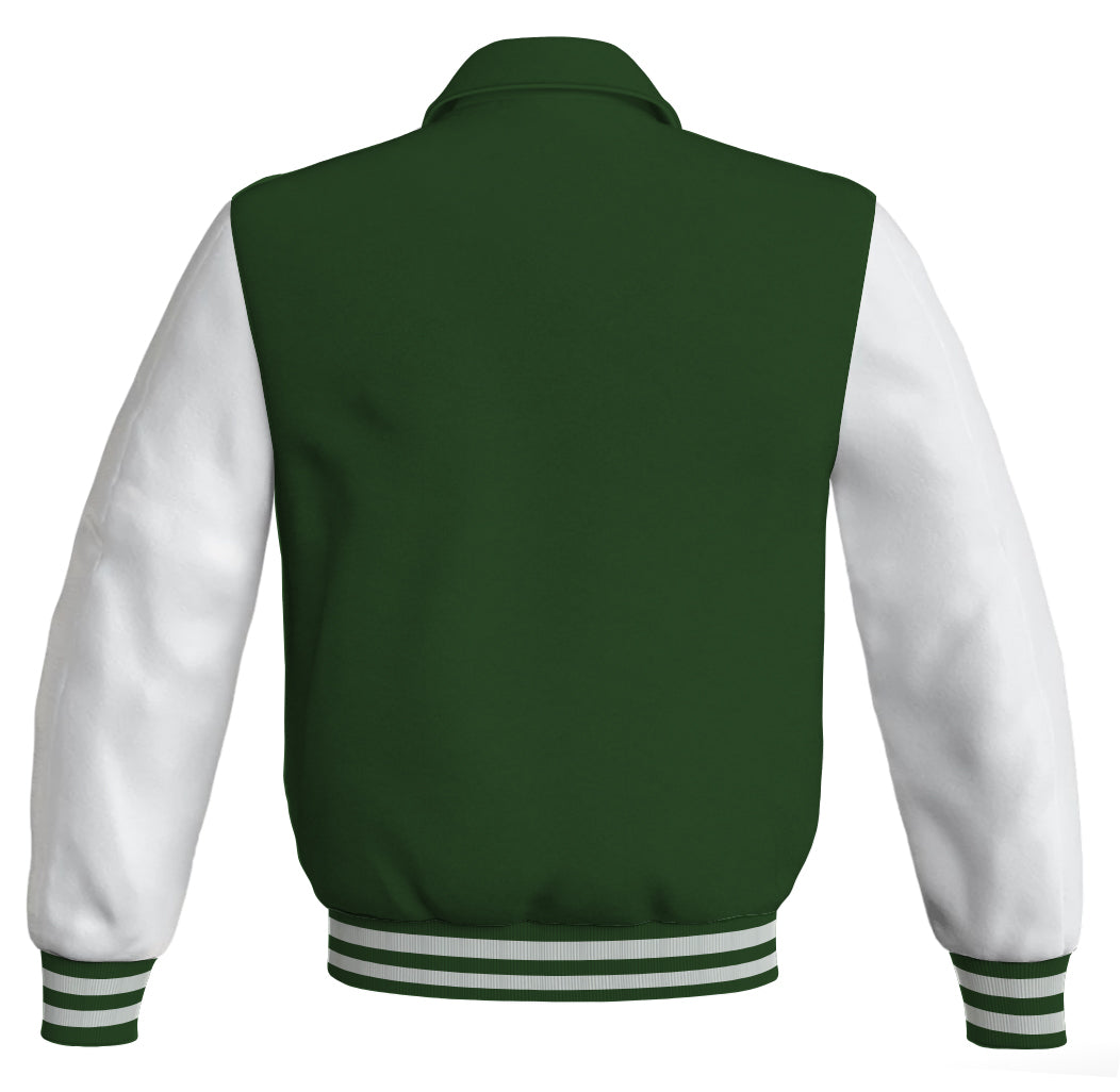 Luxury Bomber Classic Jacket Forest Green Body and White Leather 