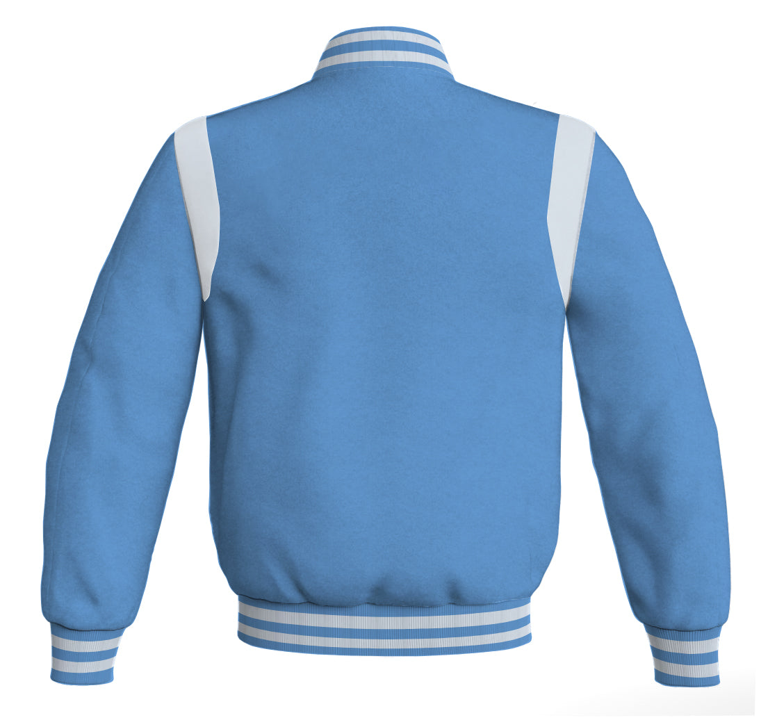 Letterman baseball jacket featuring sky blue body and red leather details