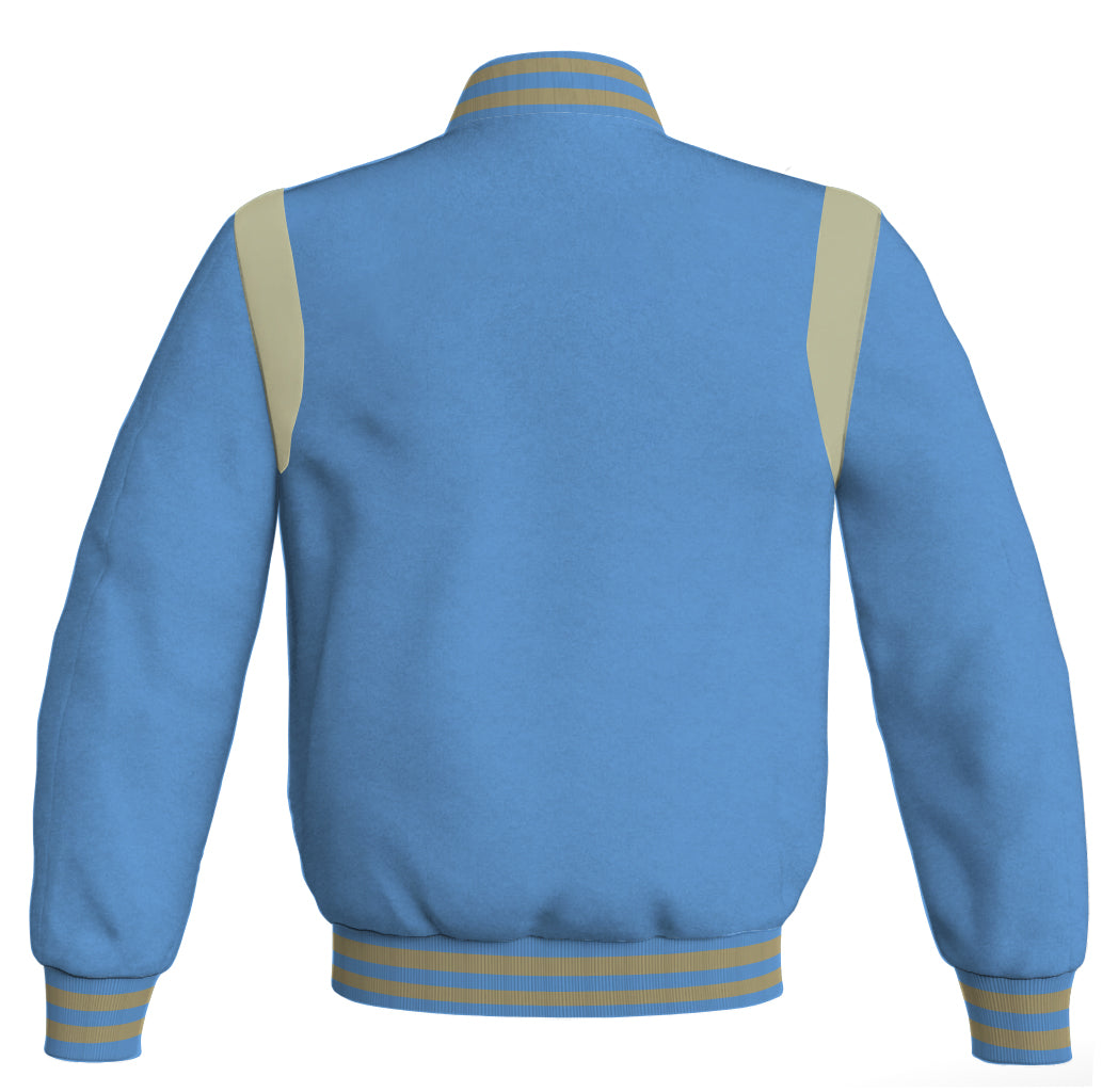 Letterman Baseball Bomber Jacket: Sky Blue body with cream leather inserts. Retro style.