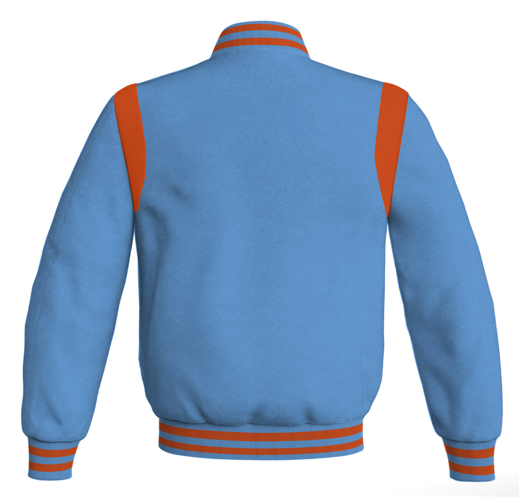 Sky blue Letterman baseball bomber jacket with orange leather inserts