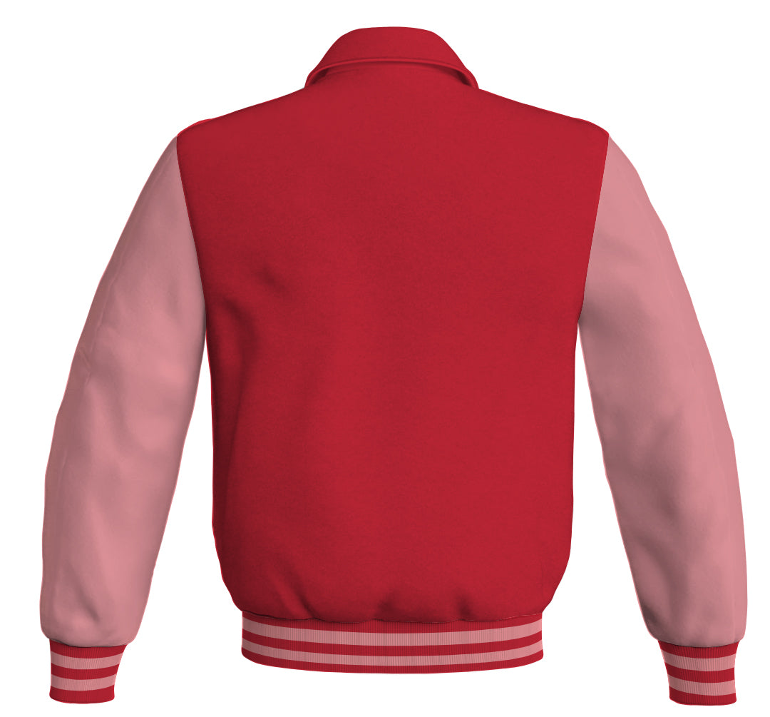 Bomber jacket with red body and pink leather sleeves.