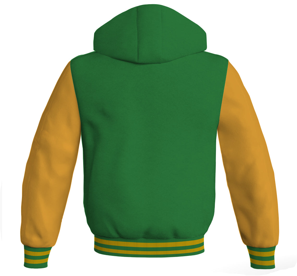 Letterman Bomber Hoodie Jacket Green Body Gold Leather 