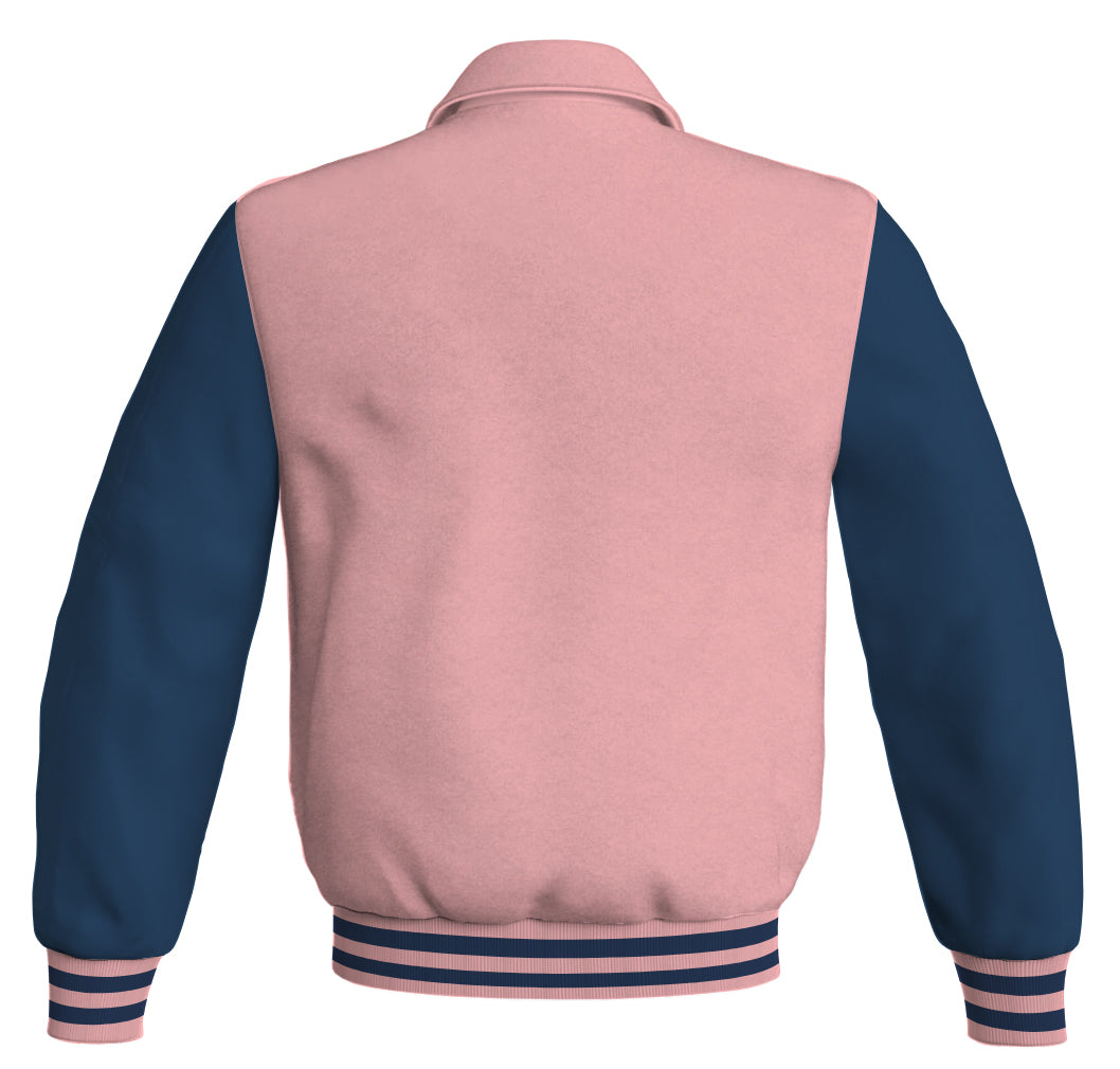 Bomber Classic Jacket: Pink body, navy blue leather sleeves. Stylish and trendy outerwear for a fashionable look.