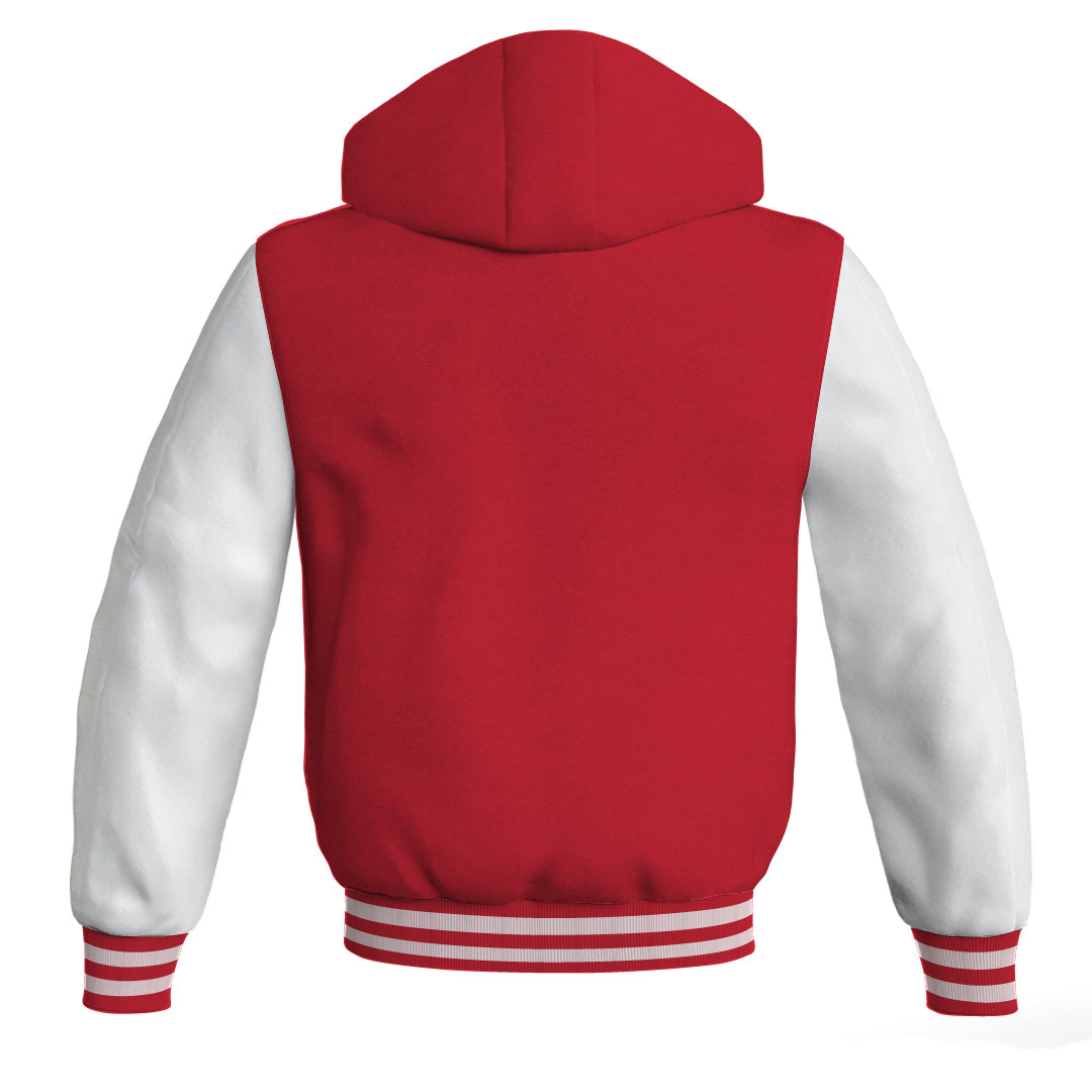 Letterman Bomber Hoodie Jacket Red Body White Leather 