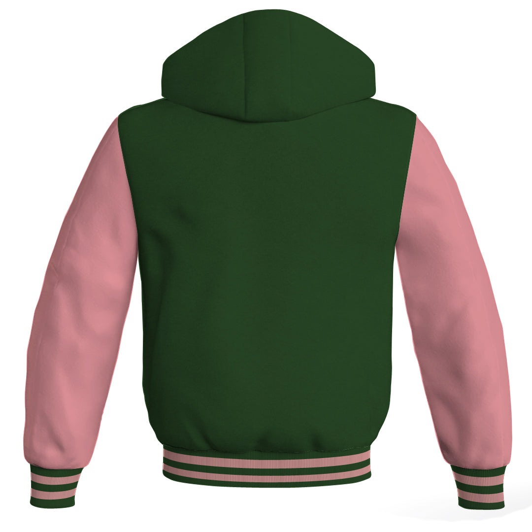 Letterman Bomber Hoodie Jacket Forest Green Body Pink Leather 