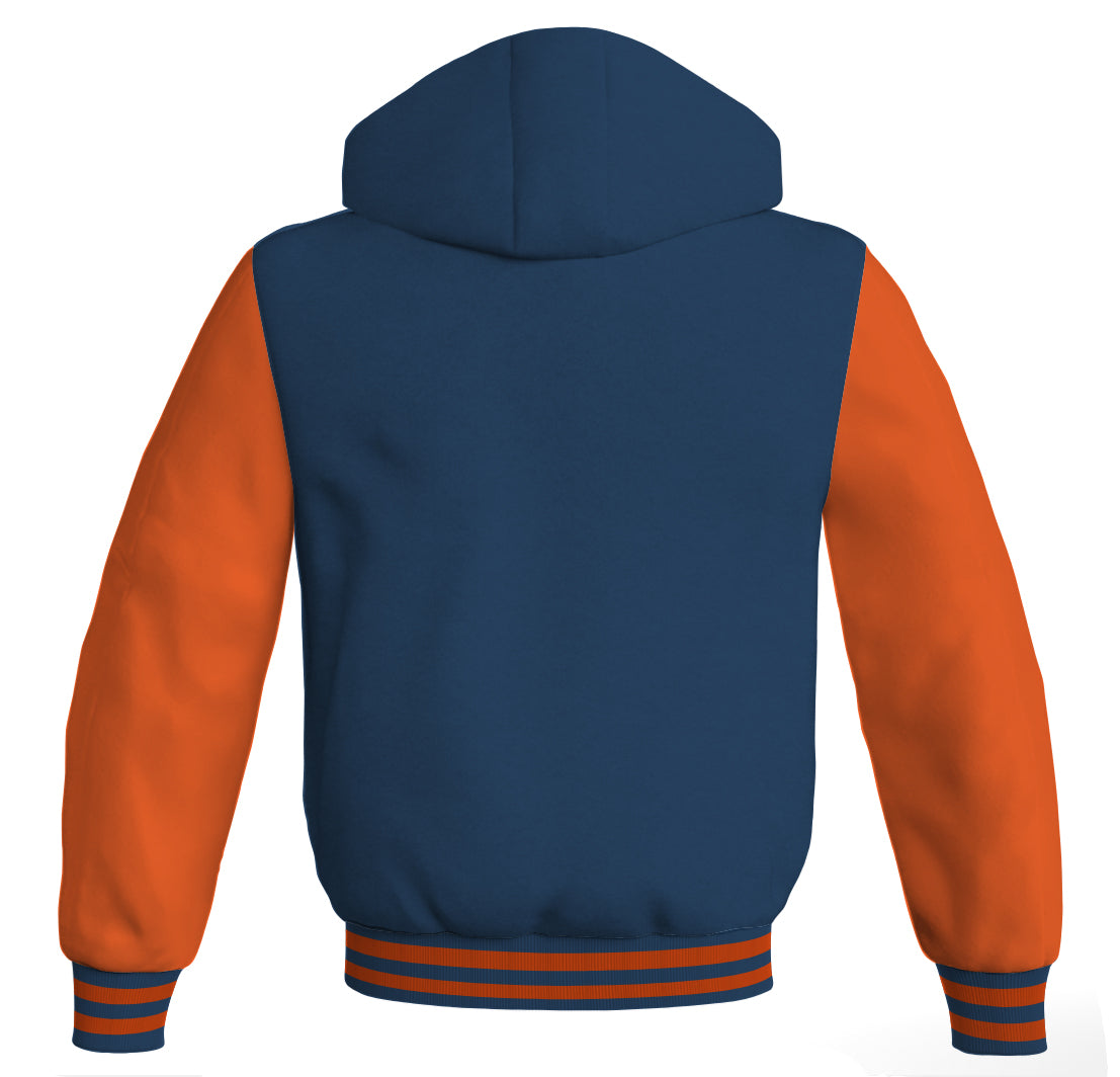 Letterman Bomber Hoodie Jacket Navy Blue Body Orange Leather 