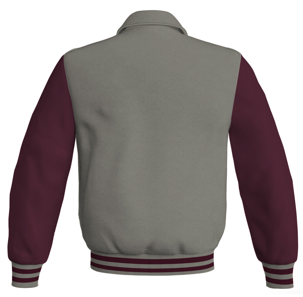 Luxury Bomber Classic Jacket Gray Body and Maroon Leather Sleeves