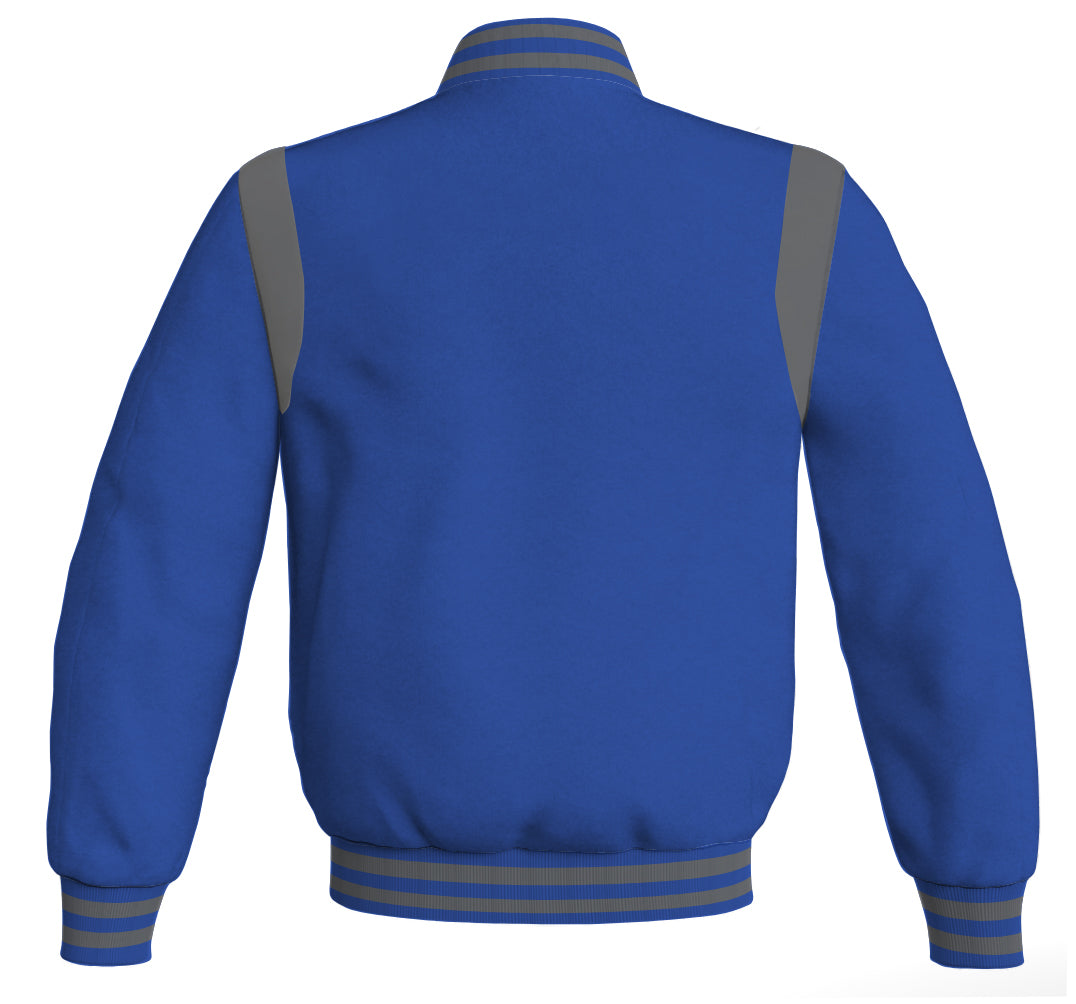 Royal blue Letterman baseball bomber jacket featuring golden leather details