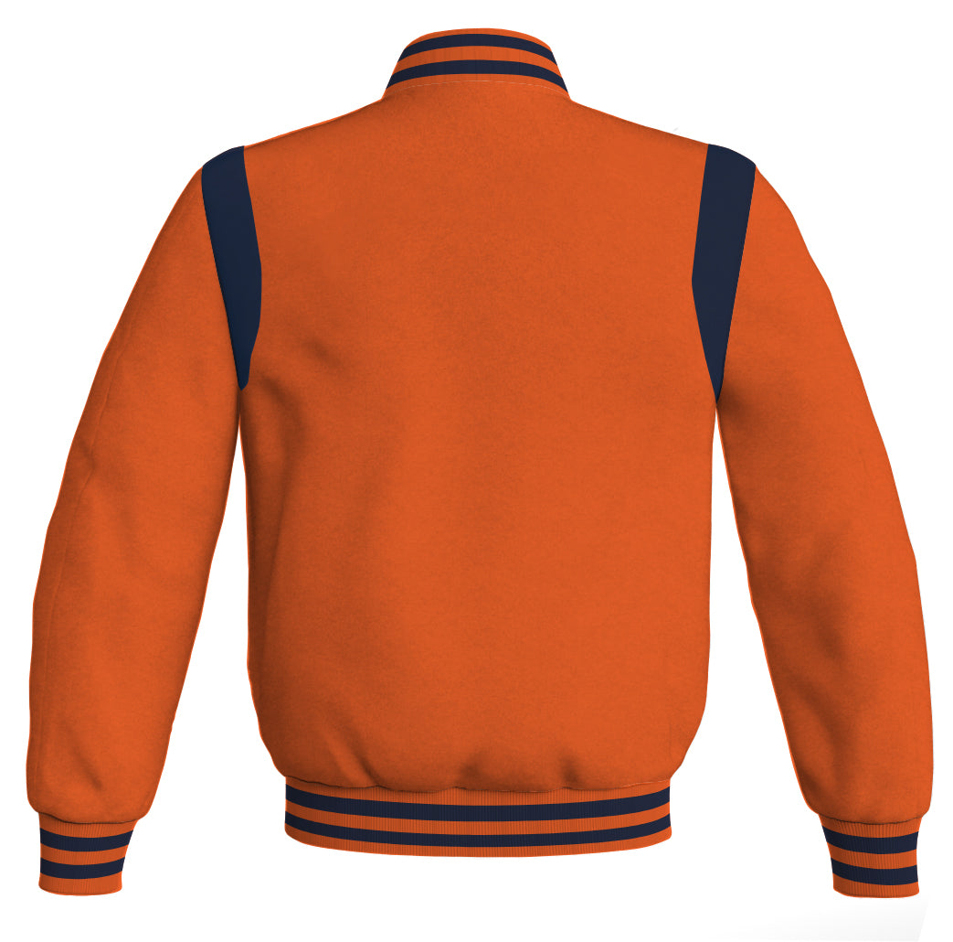 Letterman Baseball Bomber Retro Jacket Orange Body Navy Blue Leather Inserts