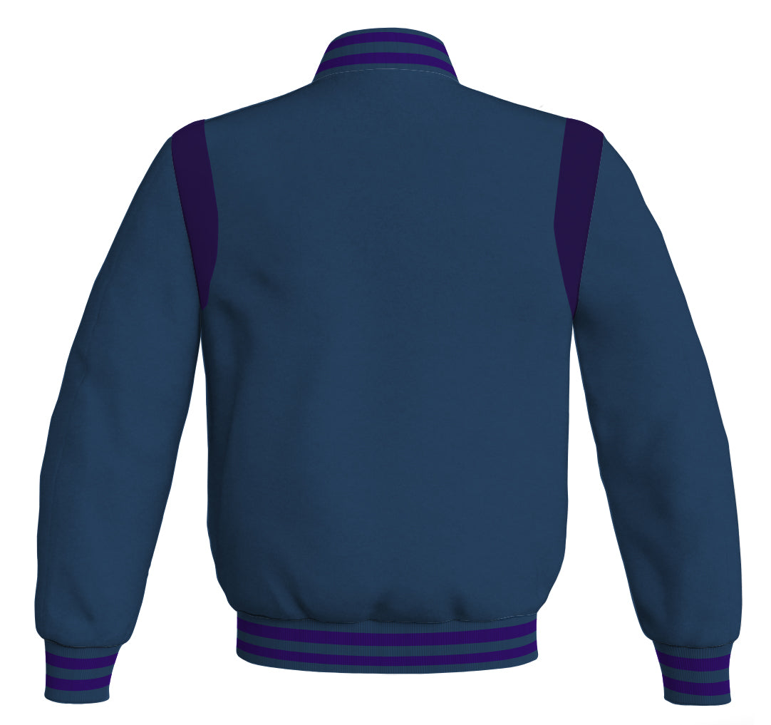 Letterman Baseball Bomber Jacket: Navy Blue Body with Purple Leather Inserts. Retro style.