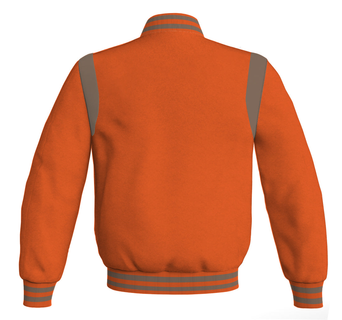 Retro Letterman baseball bomber jacket with orange body and gray leather inserts.