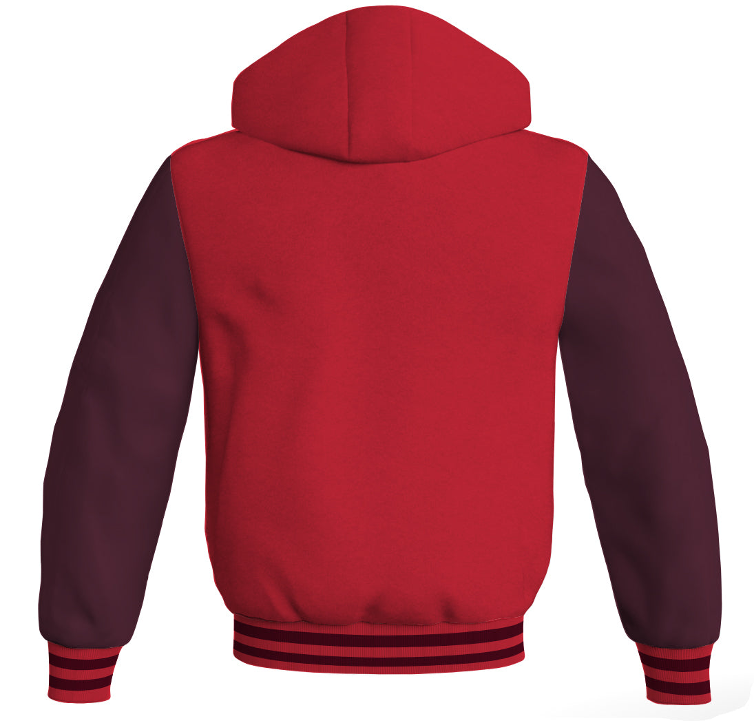 Letterman Bomber Hoodie Jacket Red Body Maroon Leather 