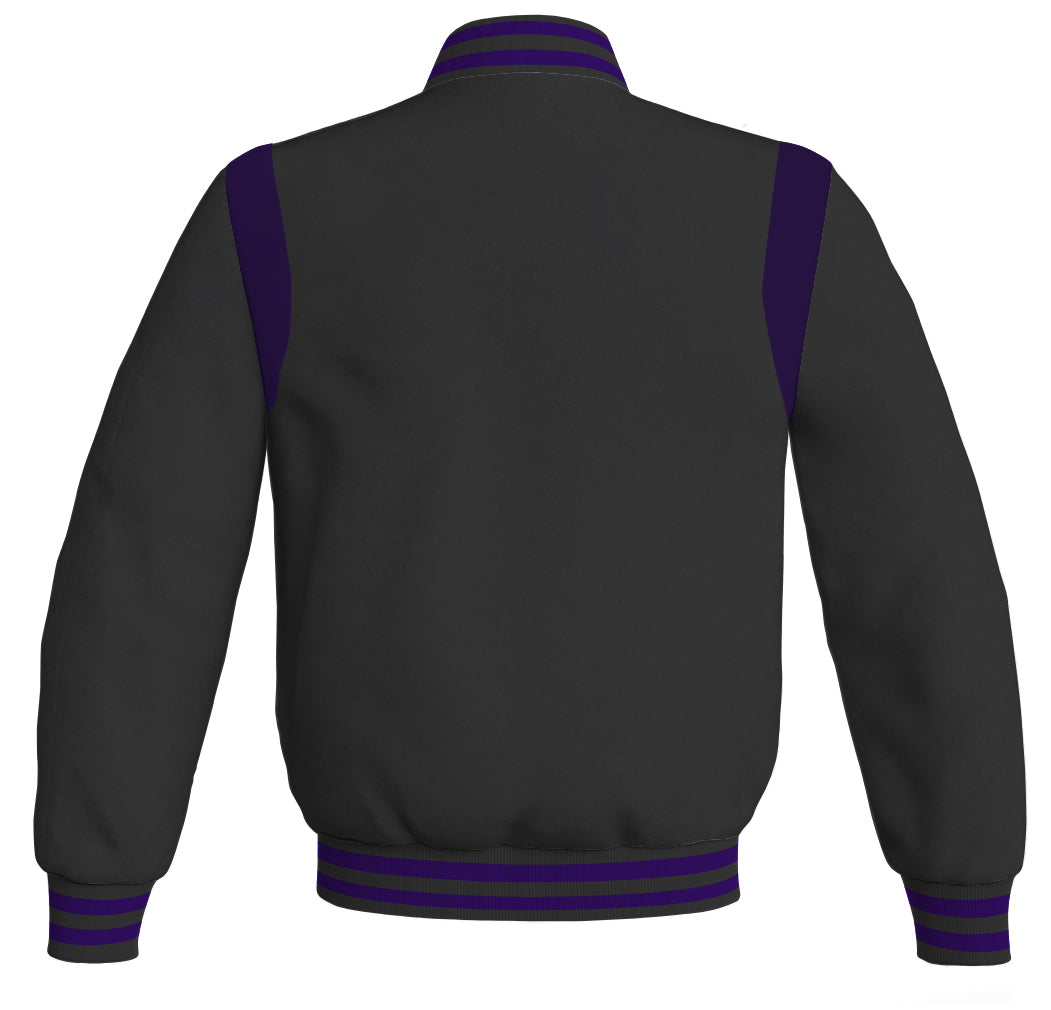 Letterman Baseball Bomber Jacket: Black body with purple leather inserts. Retro style.