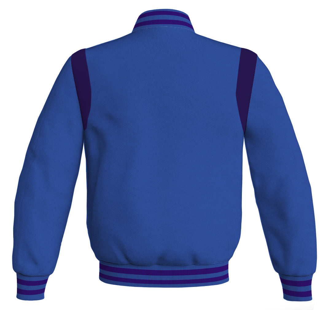 Letterman Baseball Bomber Jacket: Royal Blue Body with Purple Leather Inserts. Retro style.