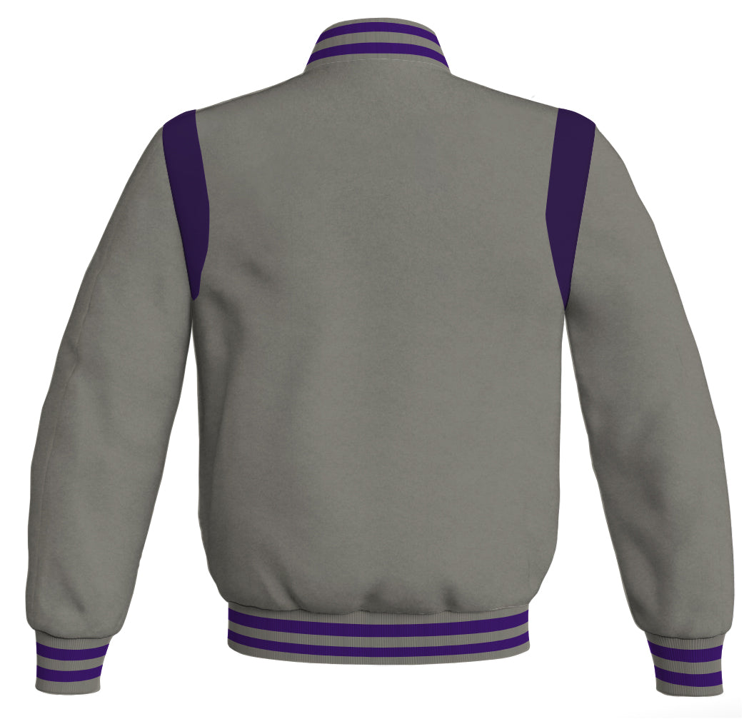 Retro-style bomber jacket in gray with purple leather accents.