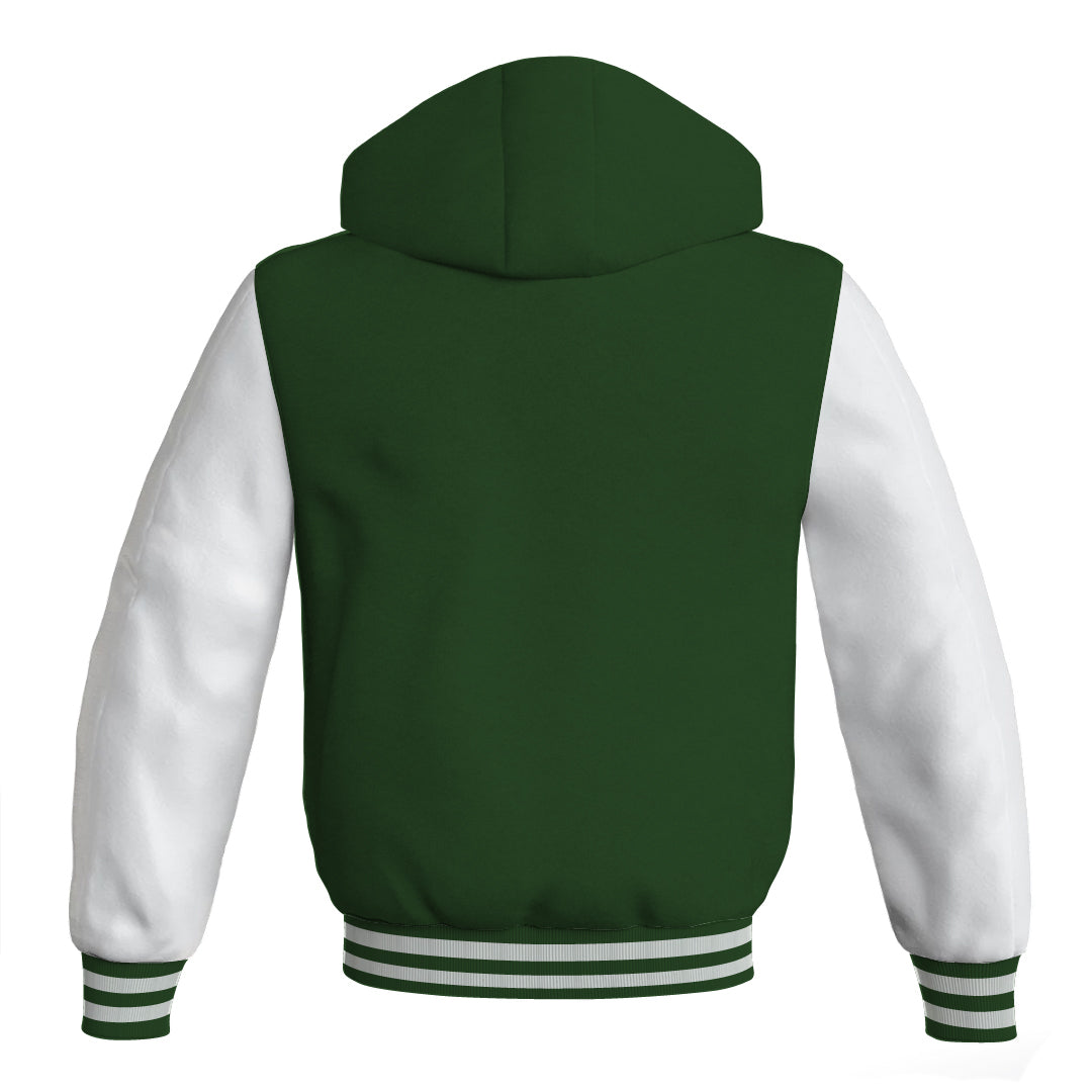 Letterman Bomber Hoodie Jacket Forest Green Body White Leather 