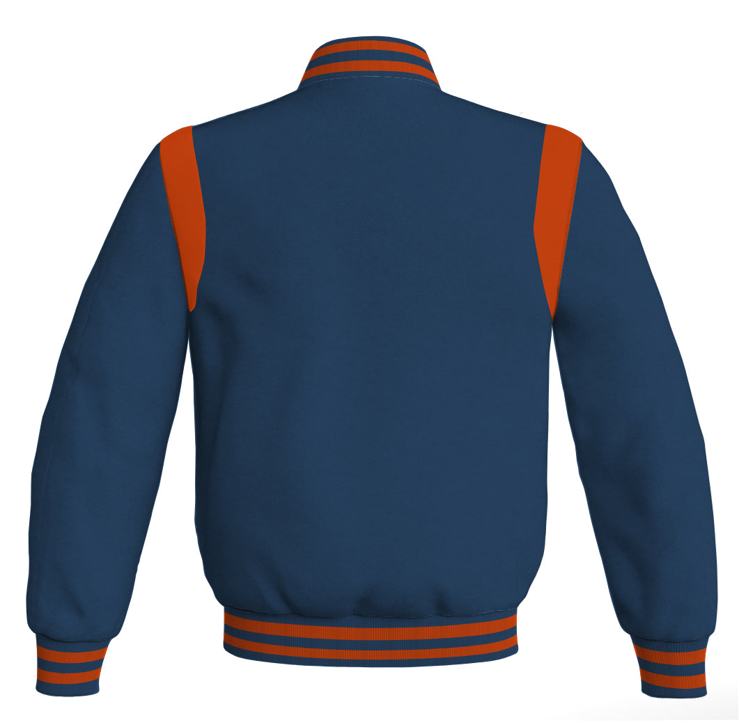 Retro style bomber jacket in navy blue with orange leather accents.