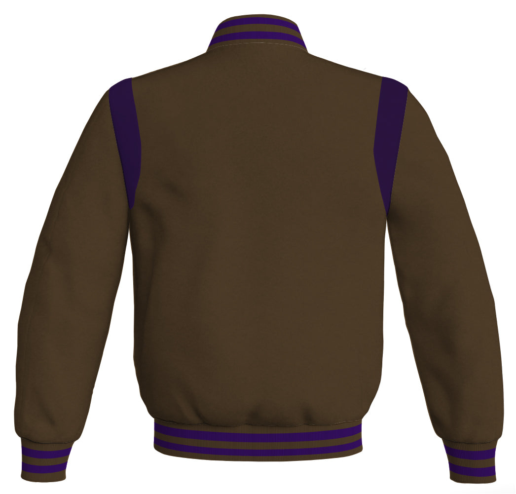 Retro brown Letterman baseball bomber jacket with purple leather inserts.