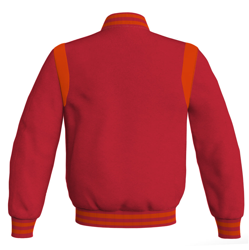 Red Letterman baseball bomber jacket with retro style, featuring orange leather inserts