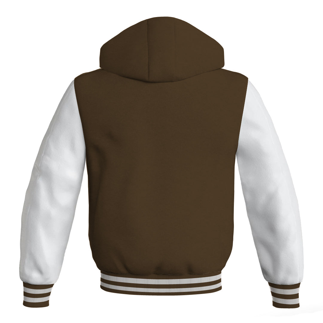 Letterman Bomber Hoodie Jacket Brown Body White Leather